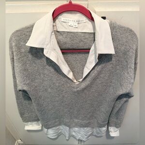 Veronica Beard Gray V-Neck Sweater with White Shirt Detail